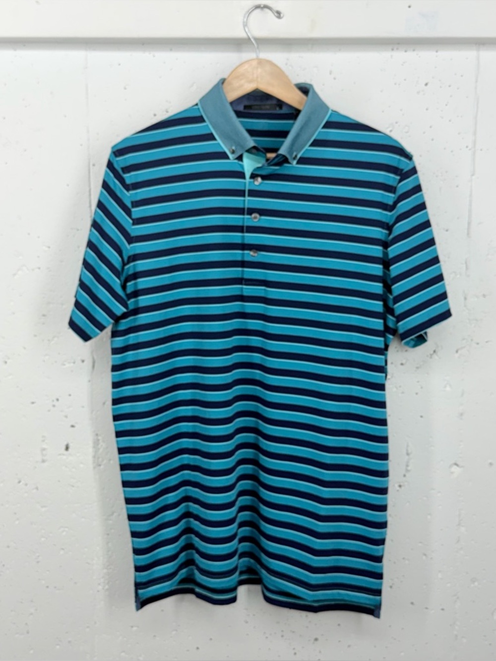 Greyson Men’s Size Large Navy Blue & Turquoise Striped Polo Shirt Flawed New